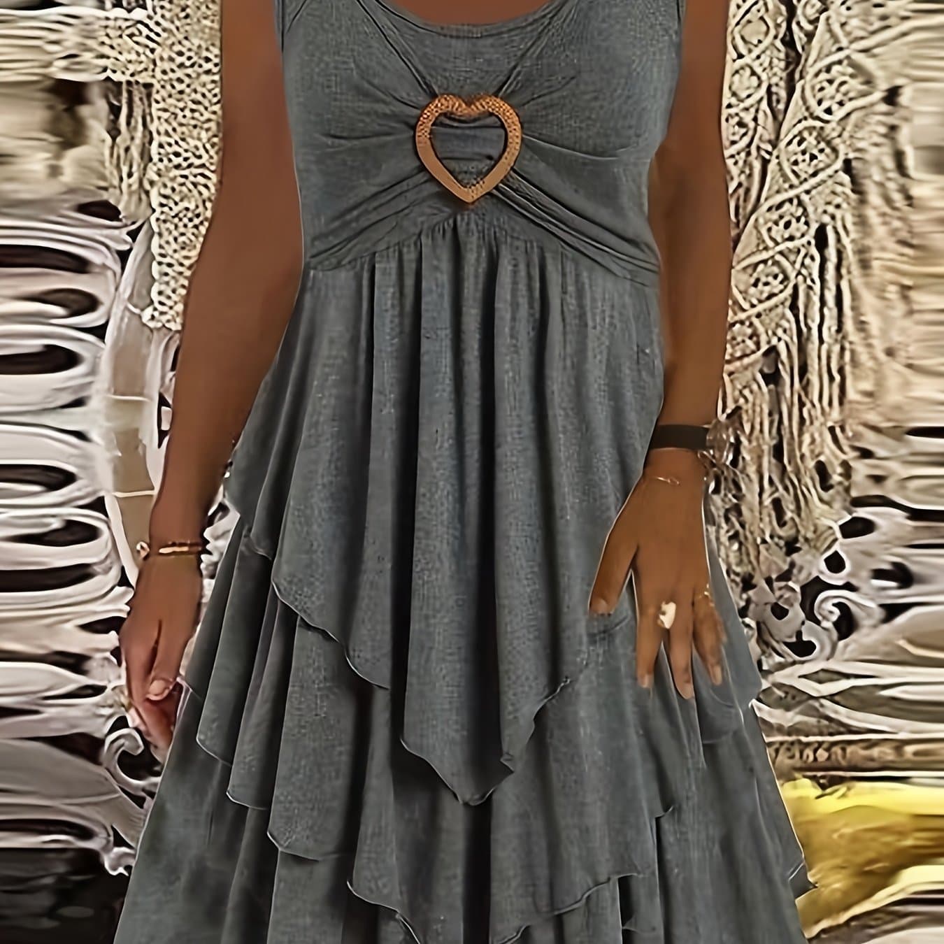 TEMU Summer Women's Sleeveless Dress With A Round Neckline, Layered Hem, Heart-shaped Waist Decoration Design
