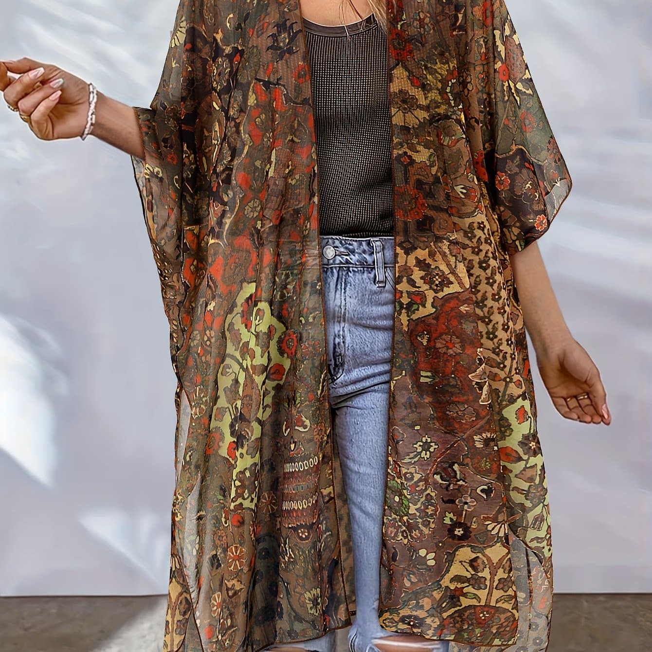 TEMU Plus Size Fashion Casual Printed Top Versatile Open Cardigan