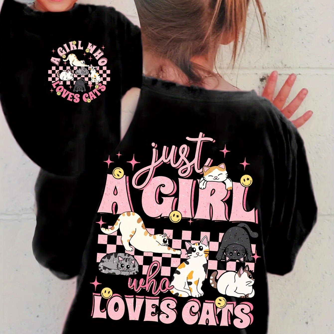 TEMU Who Cats Print 100% Cotton Short Sleeve T-shirt, Comfy Casual Tees For Girls Summer
