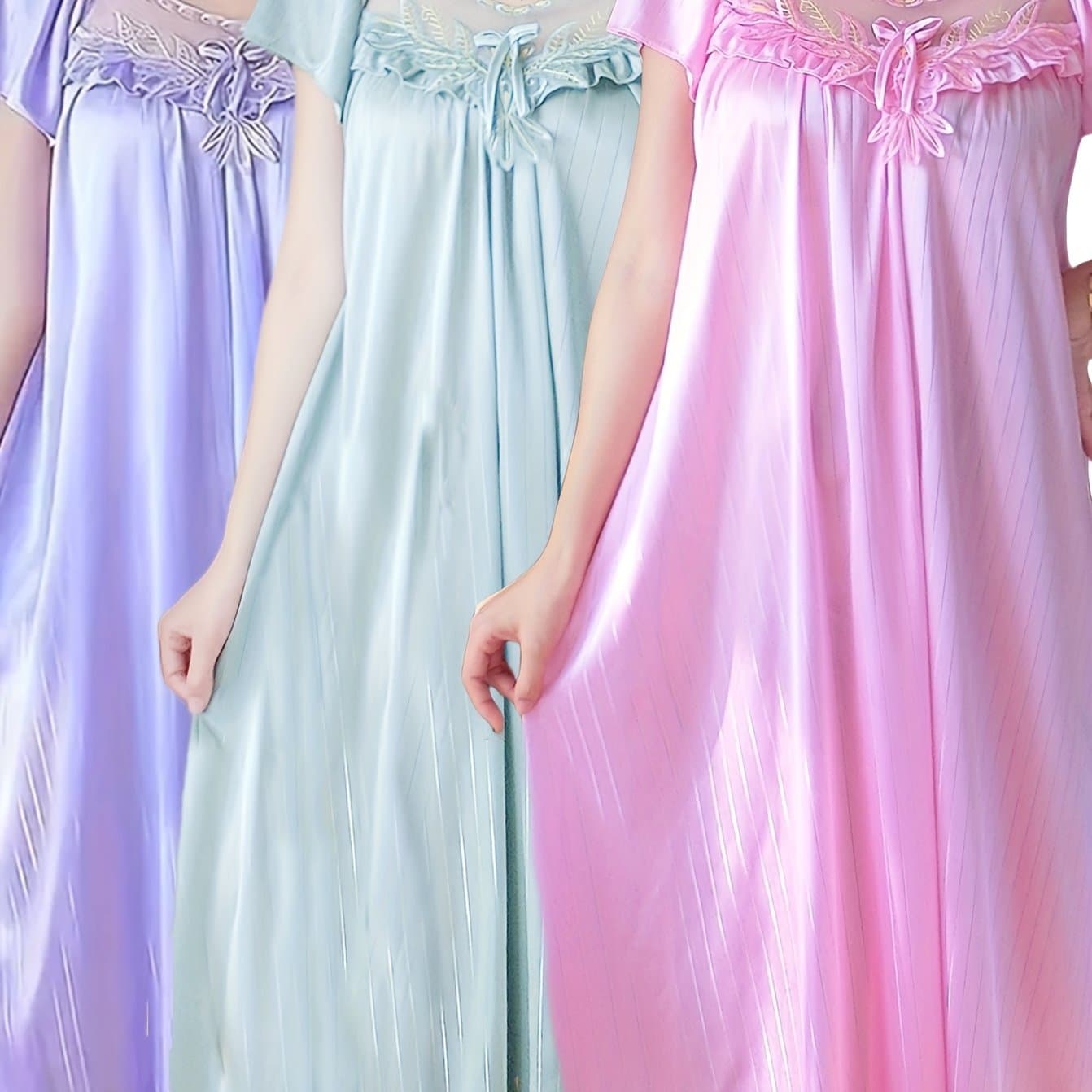 TEMU 3 Pack Women's Nightgowns | Summer Striped Lace Trim Sleep Dresses With Crew Neck, , All Season, Ymk Brand