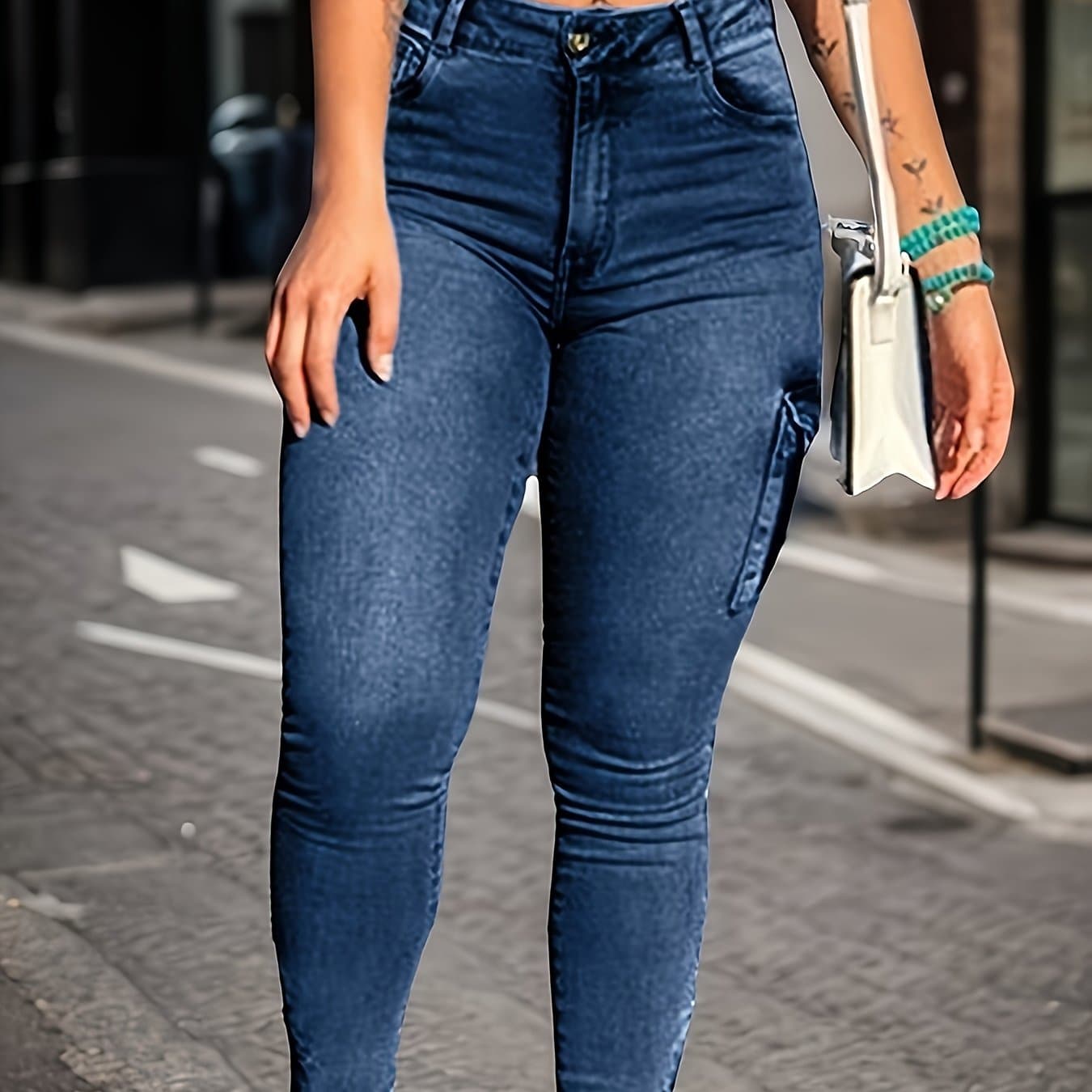TEMU Hip Lifting High Waisted Zipper Hem Tight Jeans, Multi Pocket High Stretch Casual Pants, Women' And Clothing