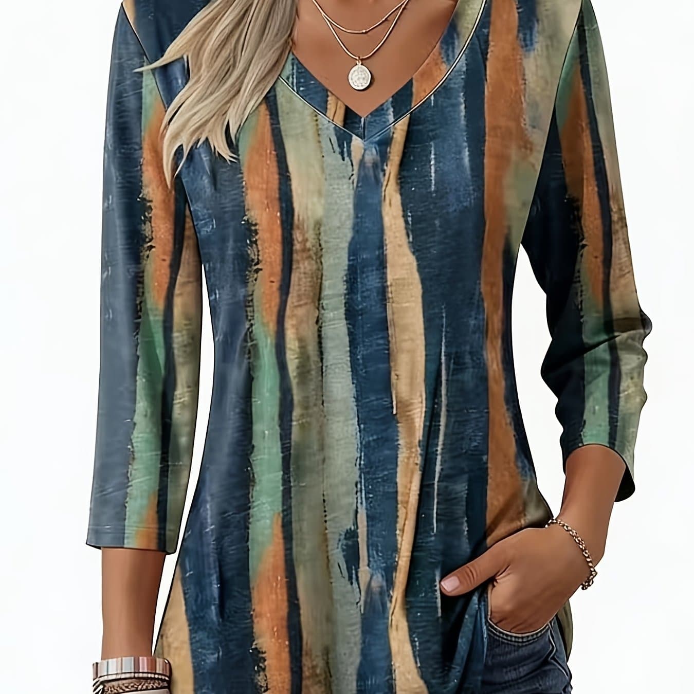 TEMU New Women's Elegant V-neck Painted -quarter Sleeve T-shirt