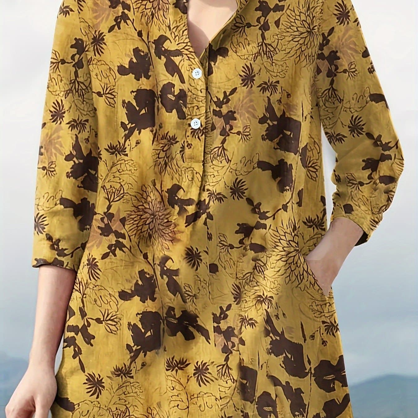 TEMU Stylish Women's New Shirt: Elegant Chinese-style Round Neck Floral Print Lightweight Breathable Top