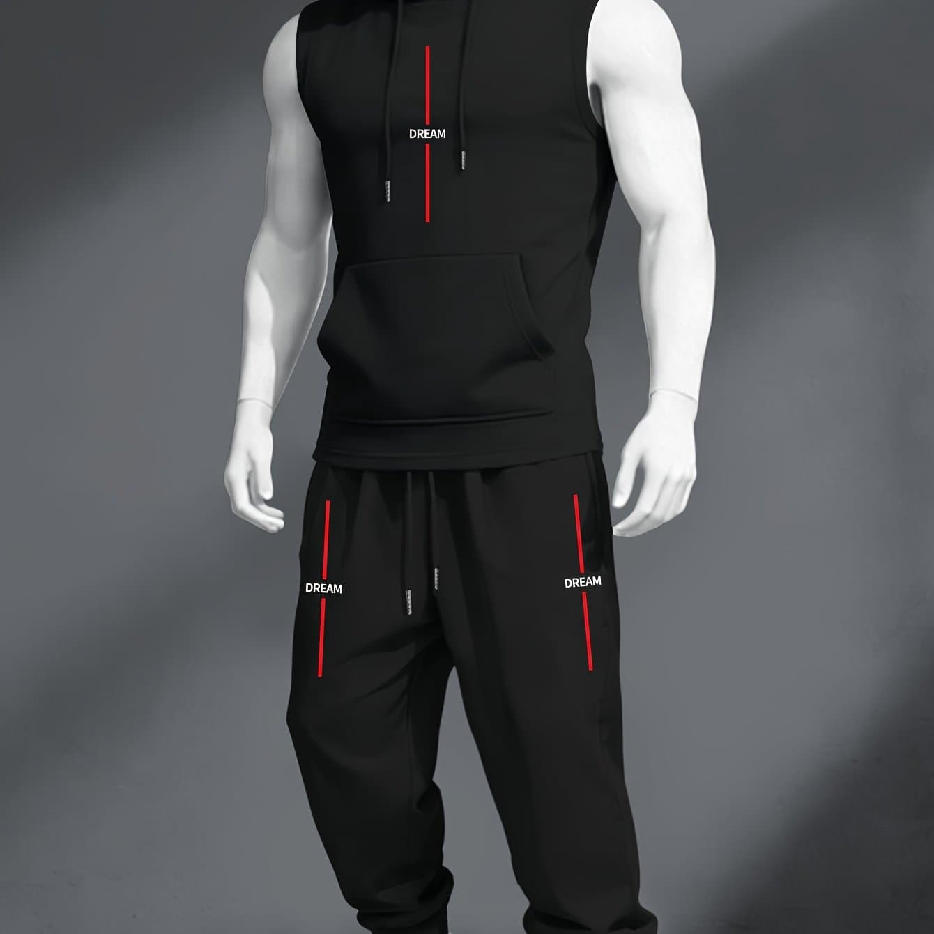 TEMU Trendy Men's Casual Gym Hooded Vest And Pants Set, Theme Letter Print, Minimalist Decorative Lines, Matching Print Side Stripe Athletic Pants, Fashion Sportswear, On Cross-border Platforms