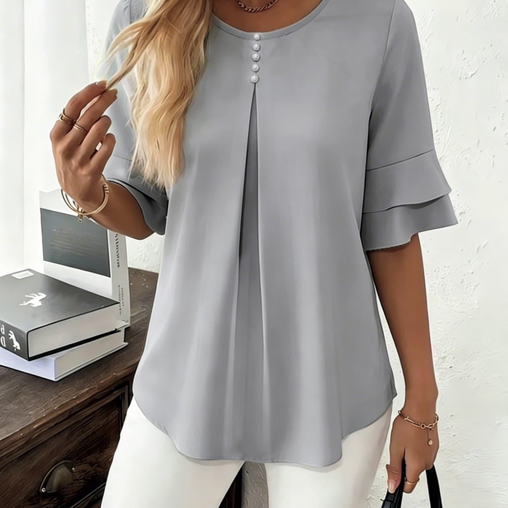 TEMU Elegant Fashion Summer Loose Solid Round Neck Button-up Shirt Flared Sleeve Ruffle Top