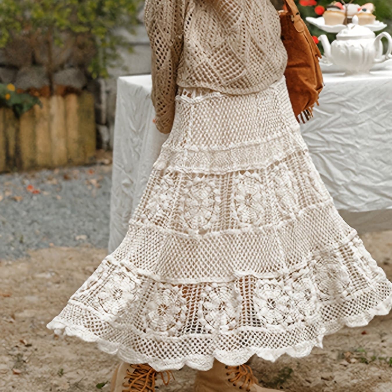 TEMU Women's Elegant Vintage Intricate Hollow Crochet Stretch Waist Half Skirt, Solid Color Temperament All-match Lace Trim Hollow High-waist Half Skirt Flared A-line Skirt Women's Half Skirt
