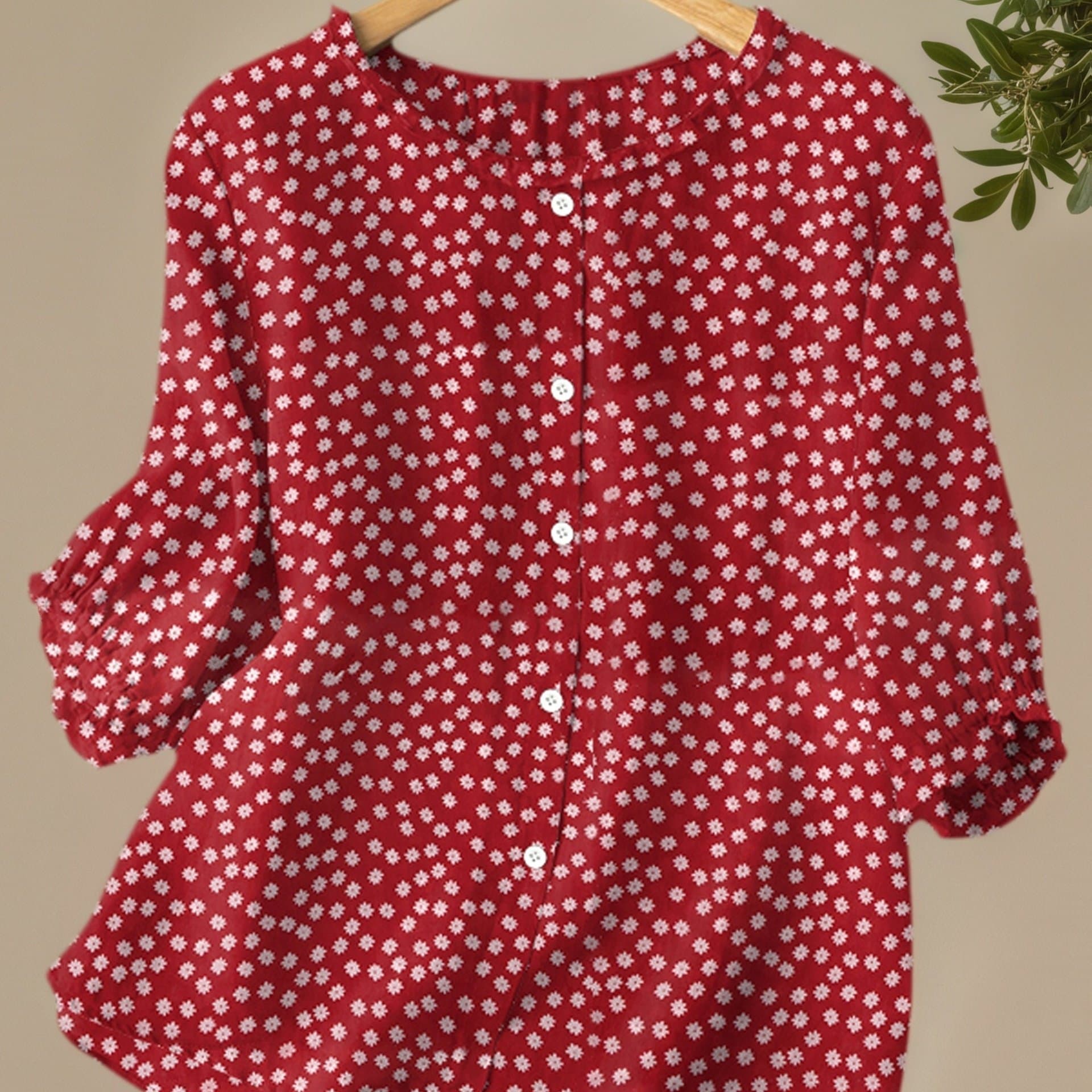 TEMU Women's Elegant Retro Floral Shirt With 3/4 Sleeves, Lace Round Neck, Single-breasted Decoration, And Age-reducing Shirt