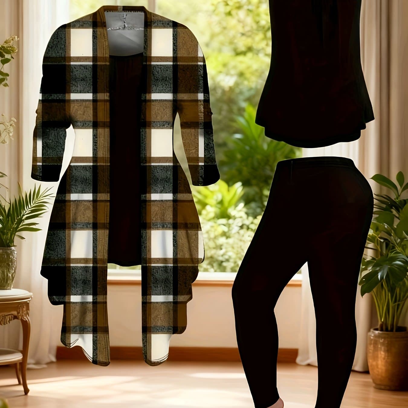 TEMU Elegant Orientation Autumn And Winter Women'-piece Fashion Casual Set | Stylish Ensemble With Geometric Pattern, Asymmetrical Design, Quality Stitching, Comfortable Material, Crew Neck, Loose Fit