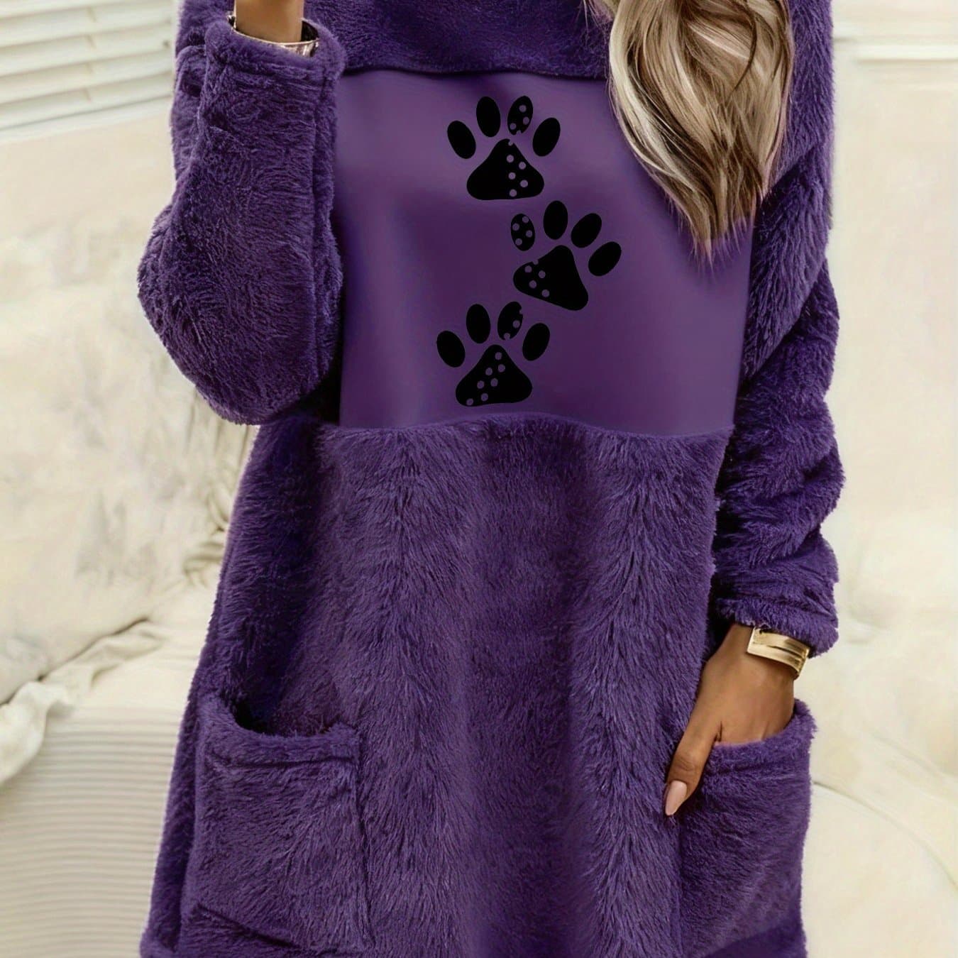 TEMU Round Neck Pocket Casual Pattern Printed Warm Long-sleeve Double-faced Plush Extended Hoodie, Autumn And Winter Women's Clothing, Multiple Colors Available. thumbnail 3