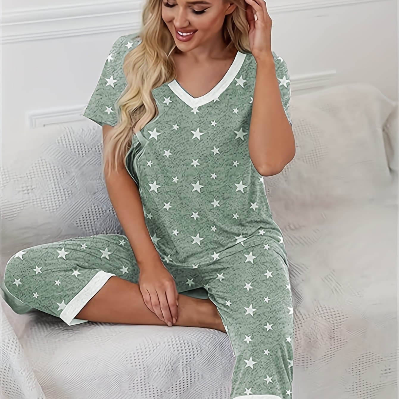 TEMU Capri Women's Pajama Set V-neck Short Sleeve Top And Capri Length Pants Pajama Set With Pockets