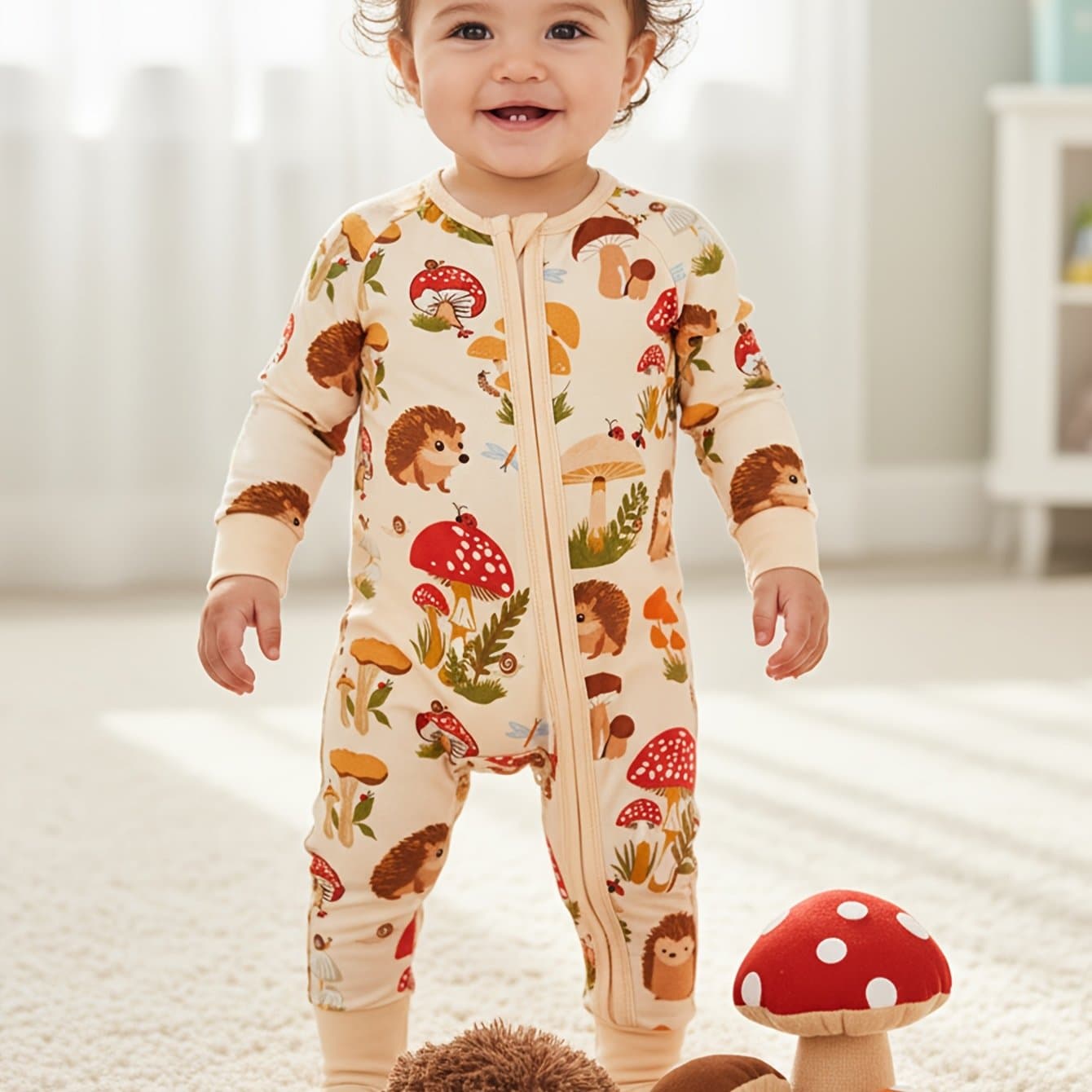 TEMU Lulukaka Newborn Baby Bamboo Fiber Sleepsuit - Full-body Hedgehog & Mushroom Print Bodysuit, -fit Sleeve Jumpsuit With Zipper Closure, Bamboo Fiber Pajamas For - (machine Washable) Wear)