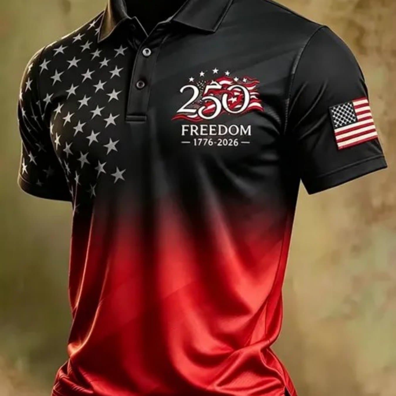 TEMU Men's Patriotic 250th Usa Shirt Black Red Ombre Gradient Fabric, Left Shoulder Graphic, 1776-2026 Anniversary Print Sport Golf Tee