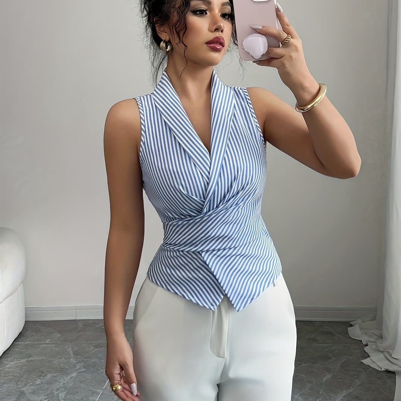 TEMU Women's Elegant Sleeveless V-neck Blouse, With Bow Belt
