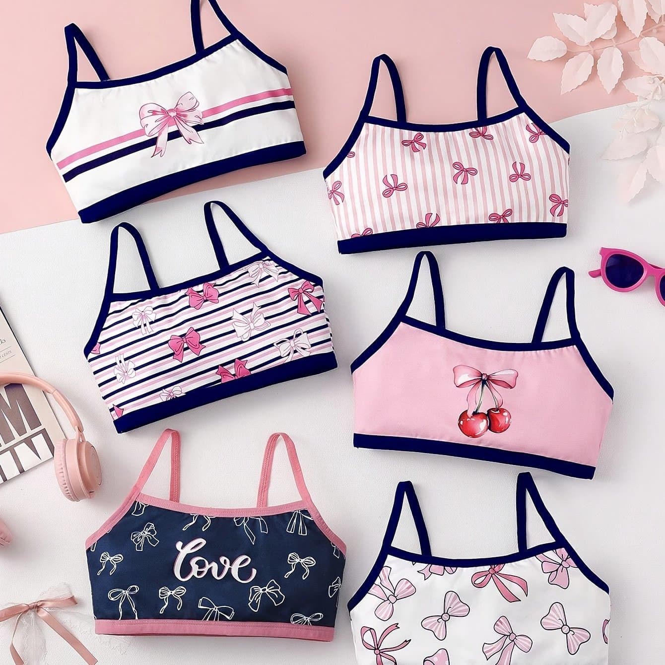 TEMU 6pcs Seamless Strap Bra, Cartoon Bow-fruit Print, Breathable, Non-sheer, Machine Washable, Suitable For Daily Wear, Fits Ages 8-12, Ideal Gift