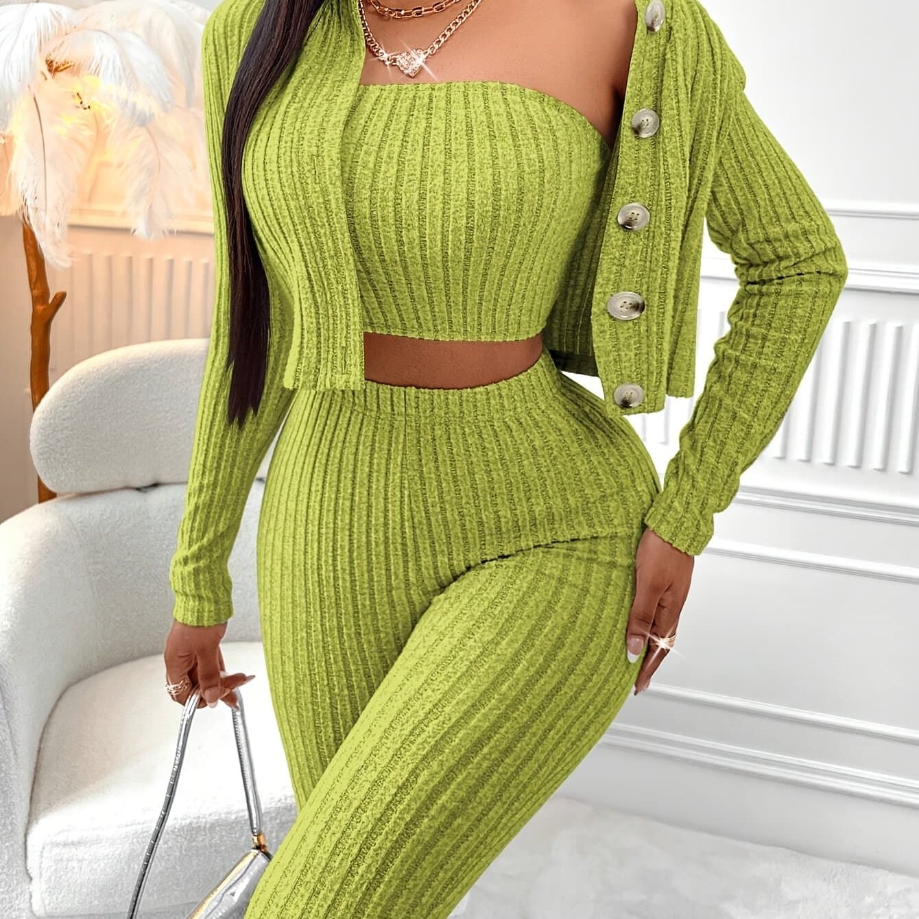 TEMU Elegant 3pcs Set In Lime Green: Ribbed Crop Top With Front Buttons, Long Sleeve Jacket & High-waisted Leggings - Chic Polyester Outfit For Women, Perfect For Fall/winter
