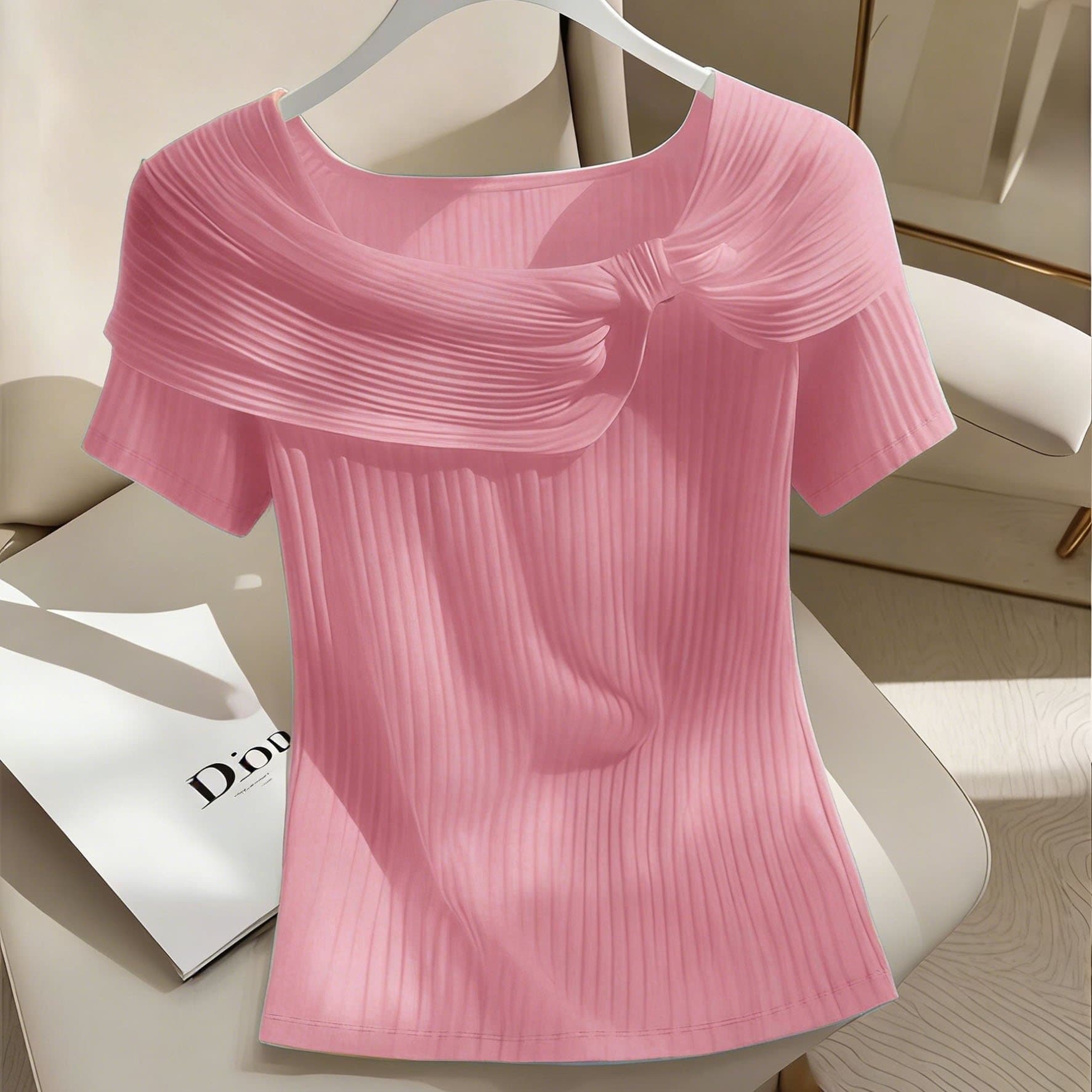 TEMU Women's Elegant Petal Lapel Short Sleeve T-shirt With Ruffle Slim Fit Cut Fashionable Shirt Top