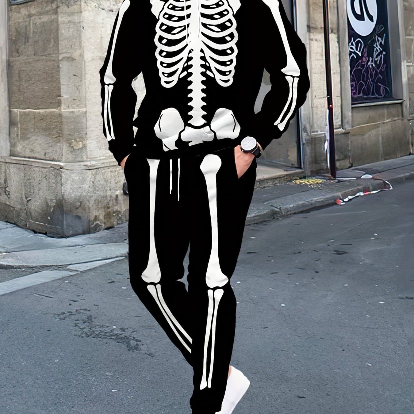 TEMU Kebisi Men's 2pcs Halloween Skeleton Print Hoodie And Joggers Set, Comfortable Streetwear For Autumn And Winter, Ideal As A Gift