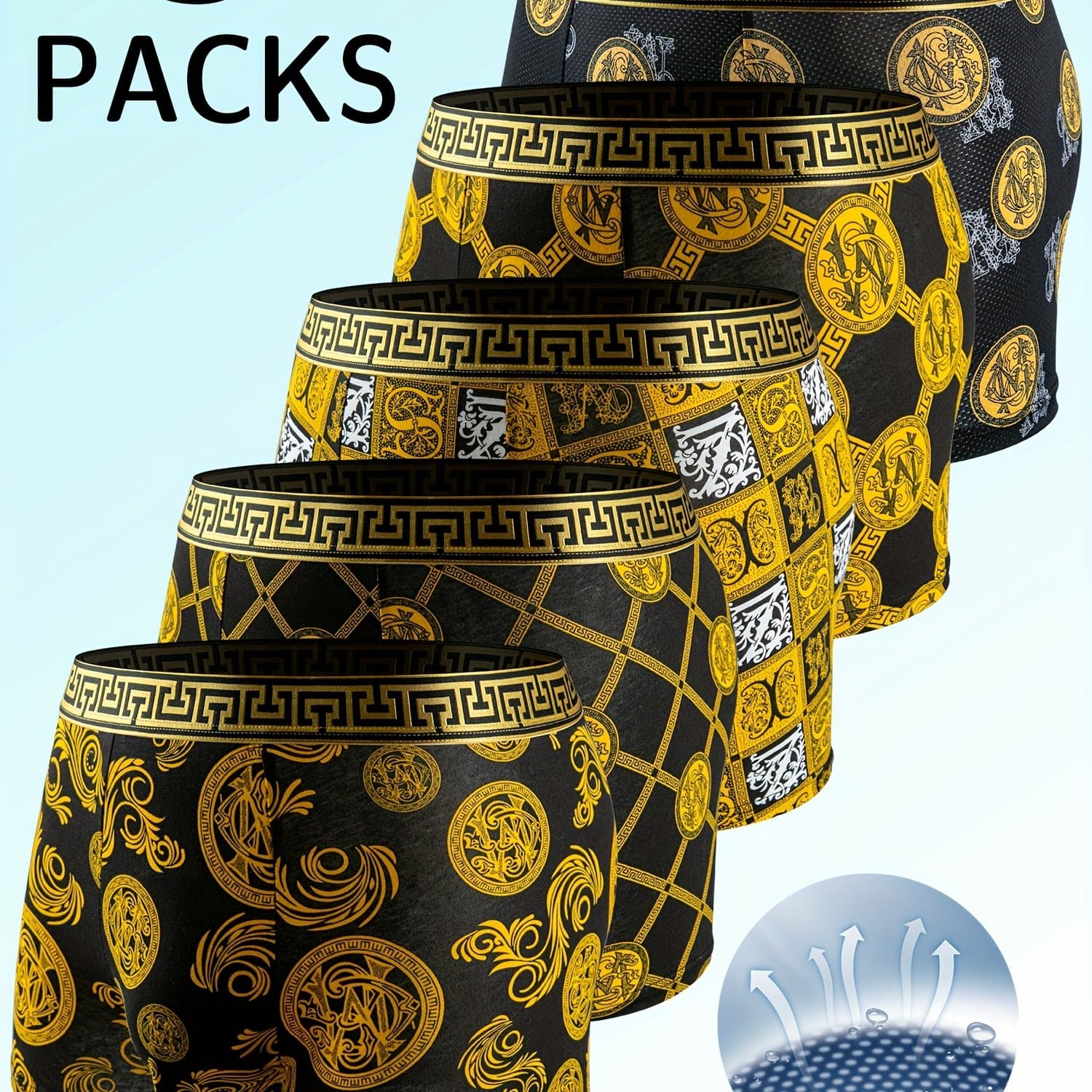 TEMU 5pcs Men's Stretch Black Golden Underwear, Men's Mesh Flat Corner Underwear, Daily Casual Flat Corner Shorts