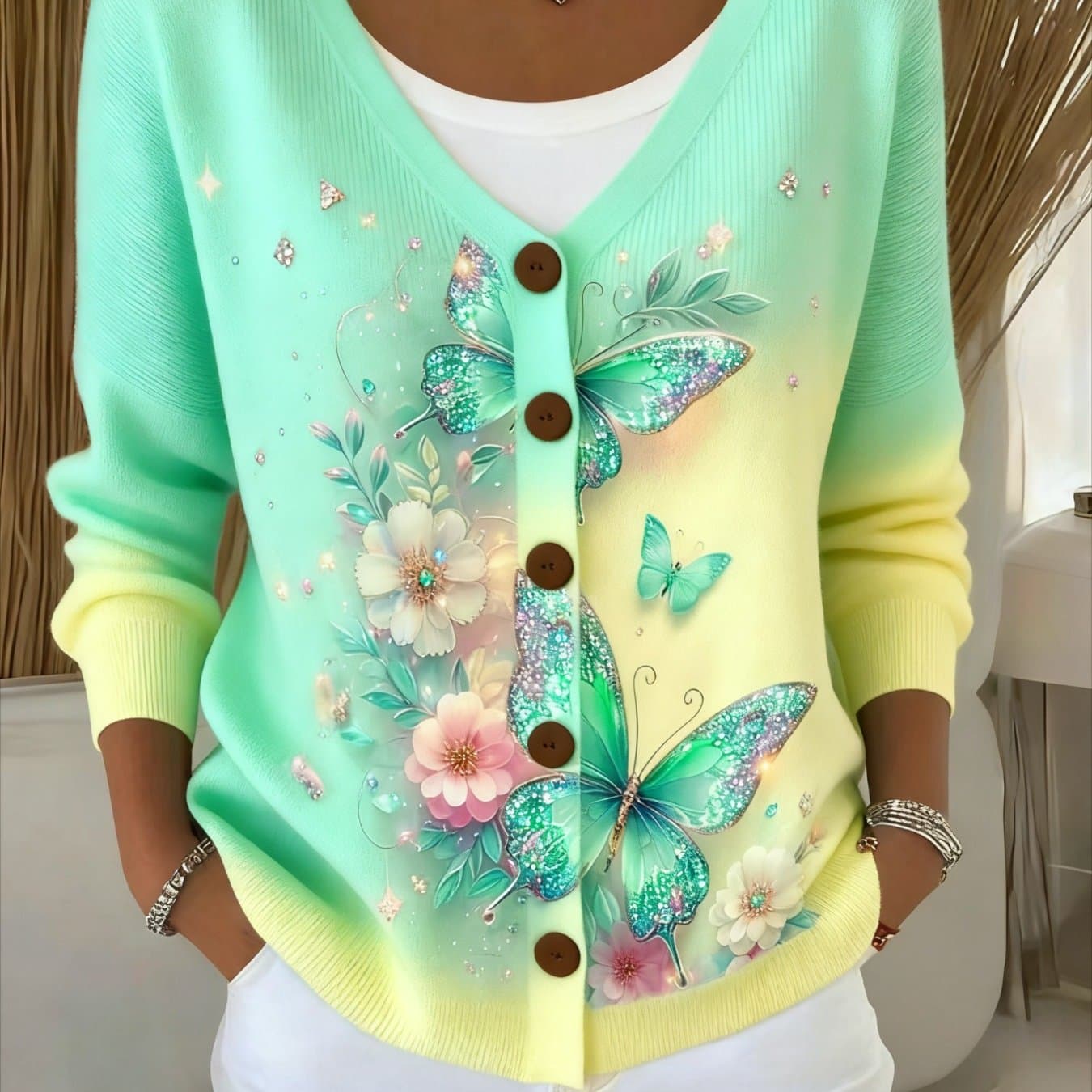 TEMU Women's Floral & Print V-neck Cardigan Jacket - Long Fall Blazer With Button Front, Casual Autumn Outerwear, Machine Washable Cozy Swe Coat For Dresses/skirts & Jeans, 2d Flat