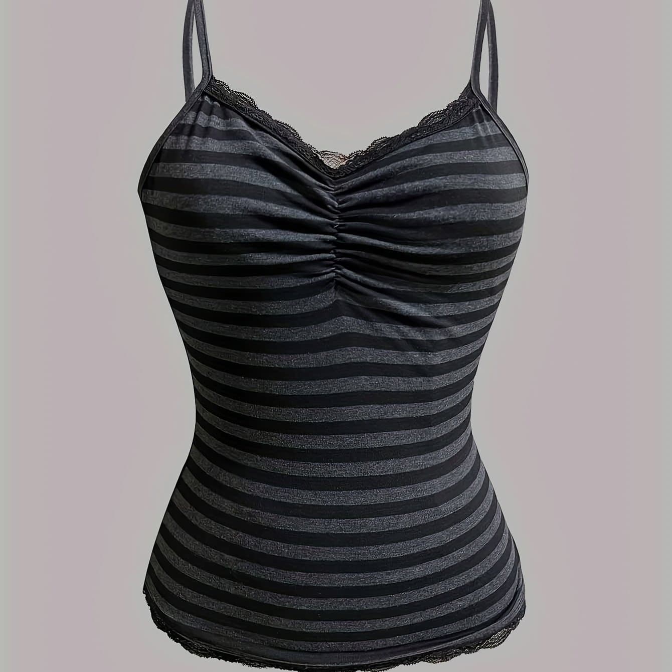 TEMU Women's Sexy Lace Trim Striped Camisole Top - Black & White Contrast Stripes, Thin Straps, Medium Stretch, Machine Washable, Elegant Special Collection, Versatile Fashion, Sensual Camisole,