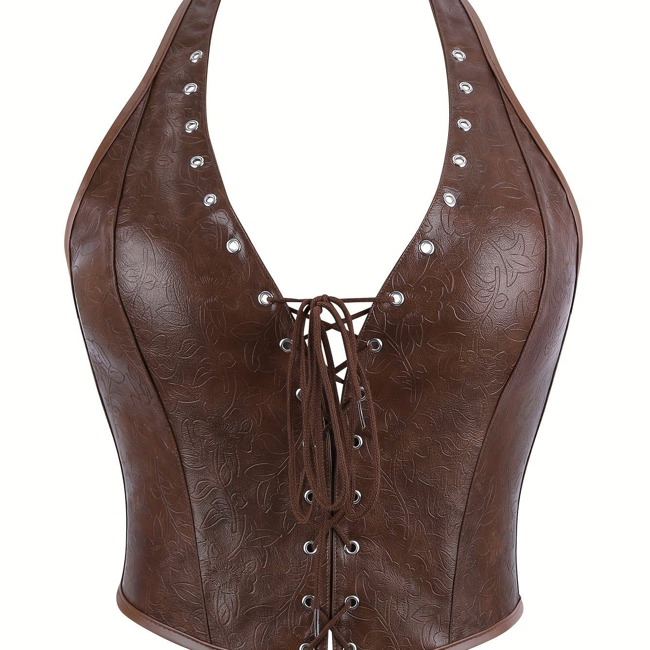 TEMU Corset Top Halter Neck Women's Camisole And Tank Top With Front Ribbon Eyelet Hook Design, Deep V-neck Low Bone Bust Outerwear, Bodice For Comic Performance, Stage Party, Backless Top