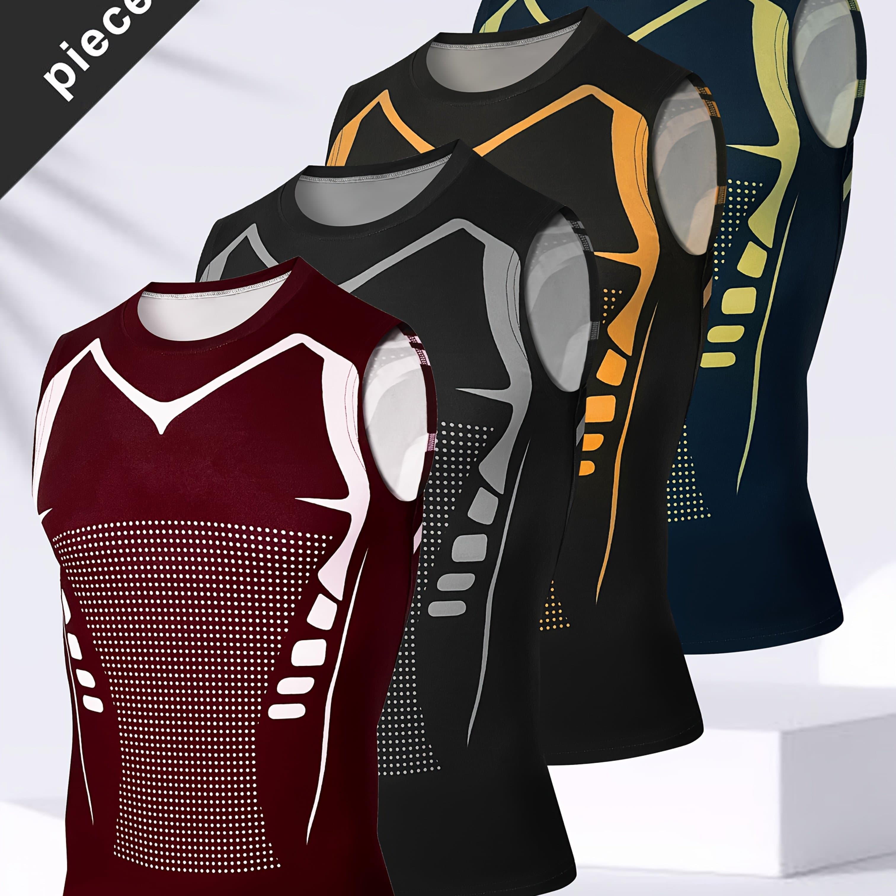 TEMU 4 Men's Compression Quick-drying Tight Vest - Breathable, Moisture-wicking Fitness, Cycling, Running Jersey | Geometric Pattern | Suitable For Spring/summer/autumn | Slim Fit, High , Jersey,