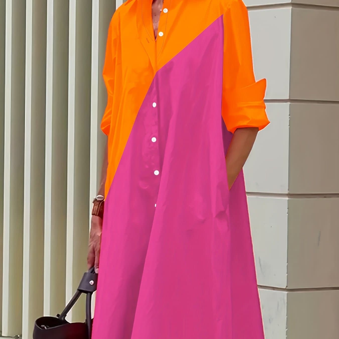 TEMU European And American Block Shirt Collar Dress