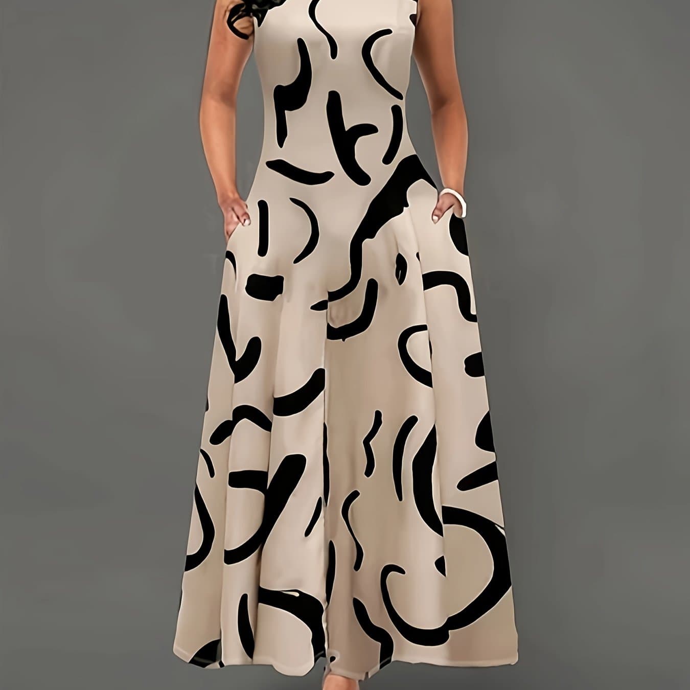 TEMU Sleeveless Women's High-end Printed Pocket Elegant Dress