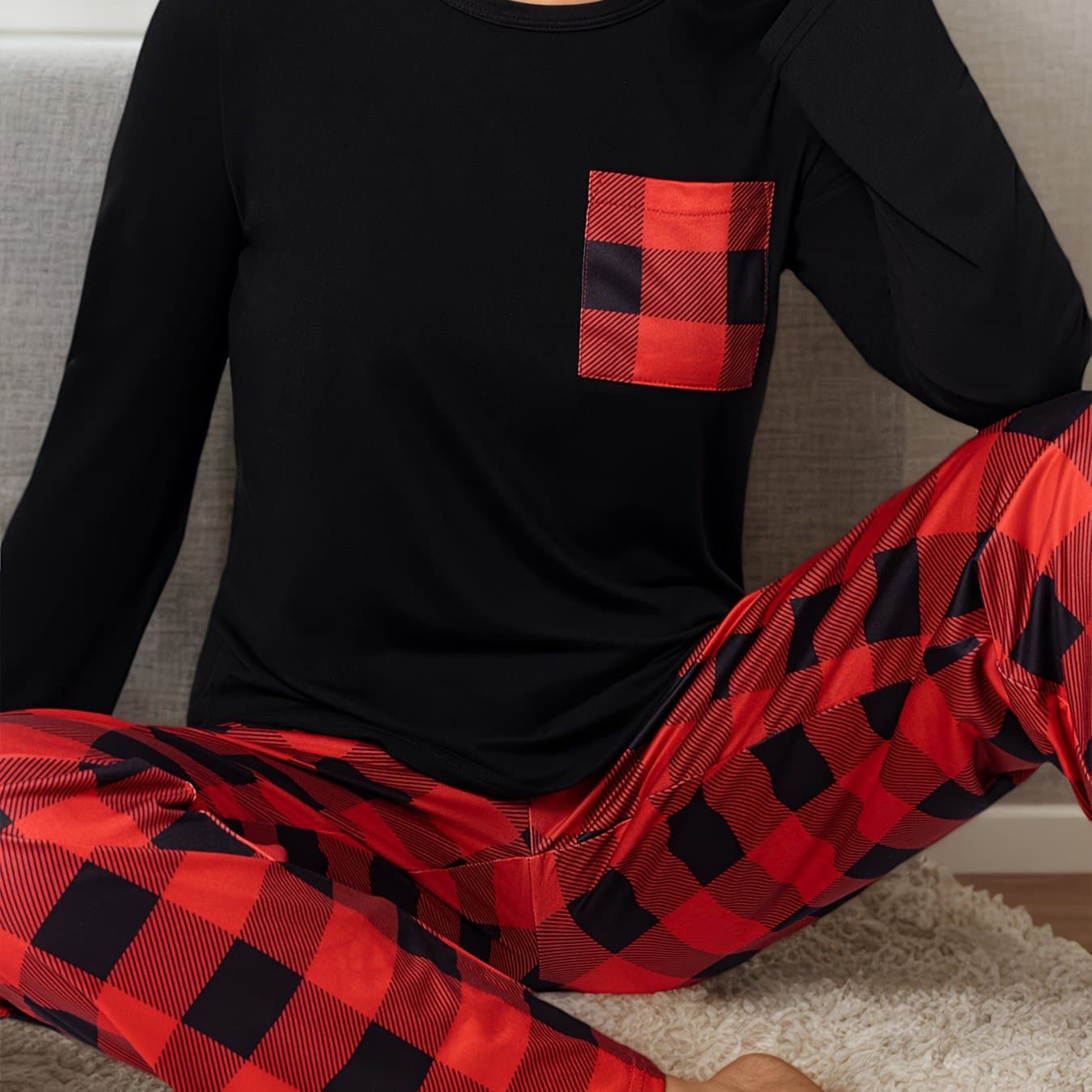 TEMU Women's Long Sleeve Pants Set For Fall Winter, Pocketed Square Top Casual