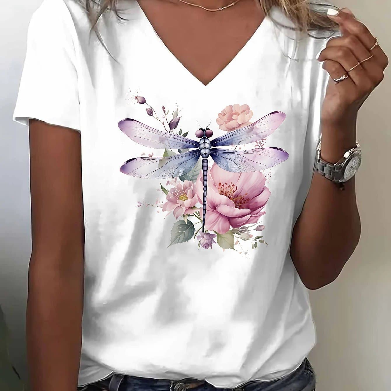 TEMU V-neck T-shirt With Dragonfly Floral Print, Wear, , And Casual Occasions; An Ideal Gift For
