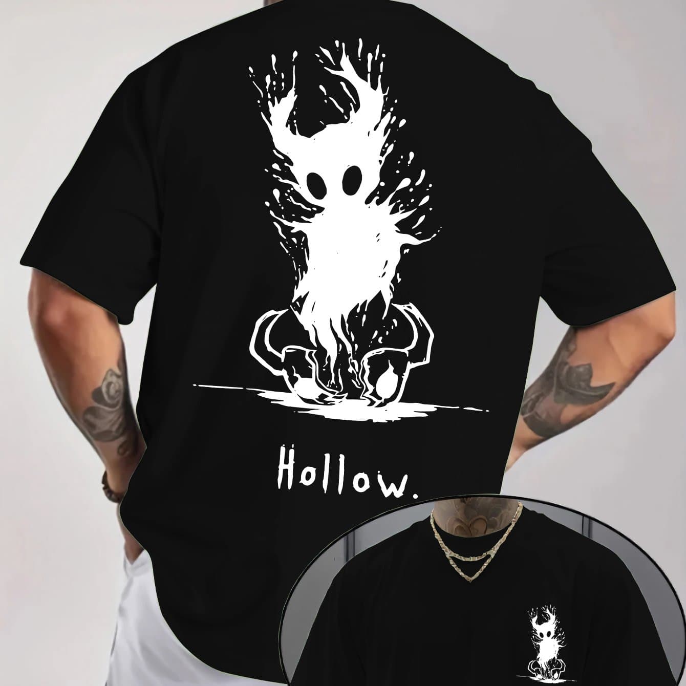 TEMU Men's Fashionable Casual Crew Neck Tee, Featuring A 'hollow' Cut-out Design, Cartoon Lettering Printed On The Front And Back, Everyday Use And Summer Attire