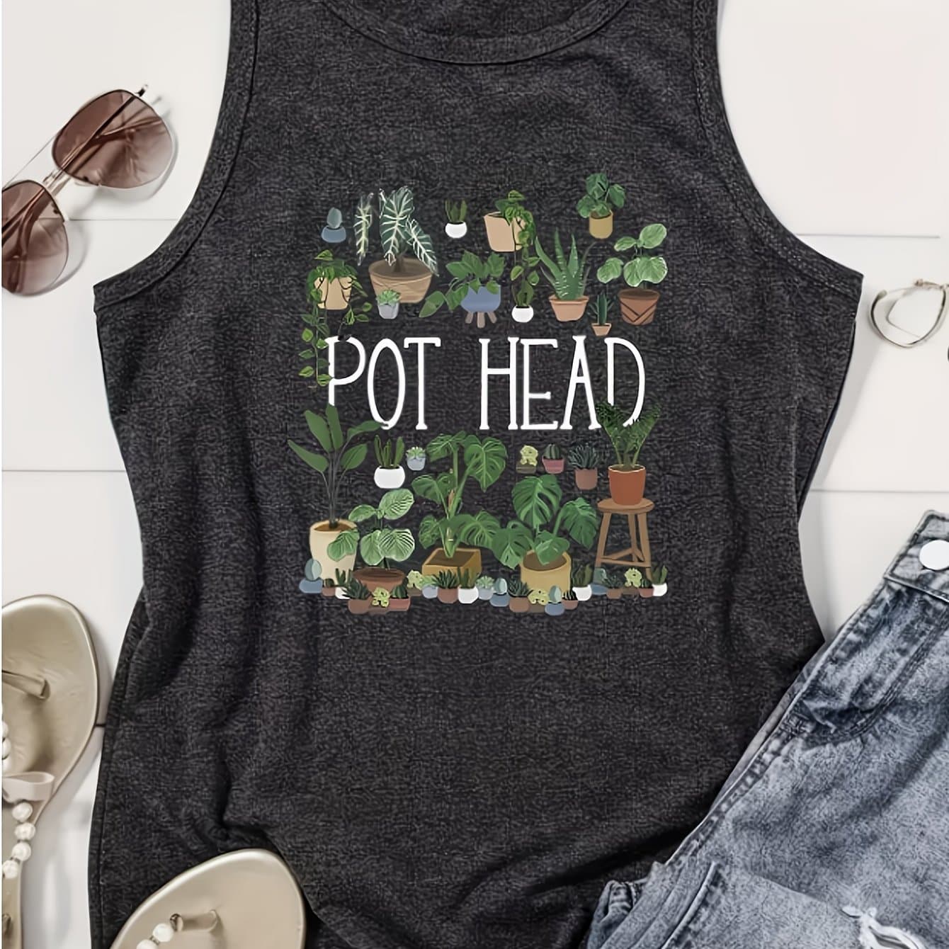 TEMU Dark Gray Tank Top With Graphic Design, Perfect For Casual Summer Outfits