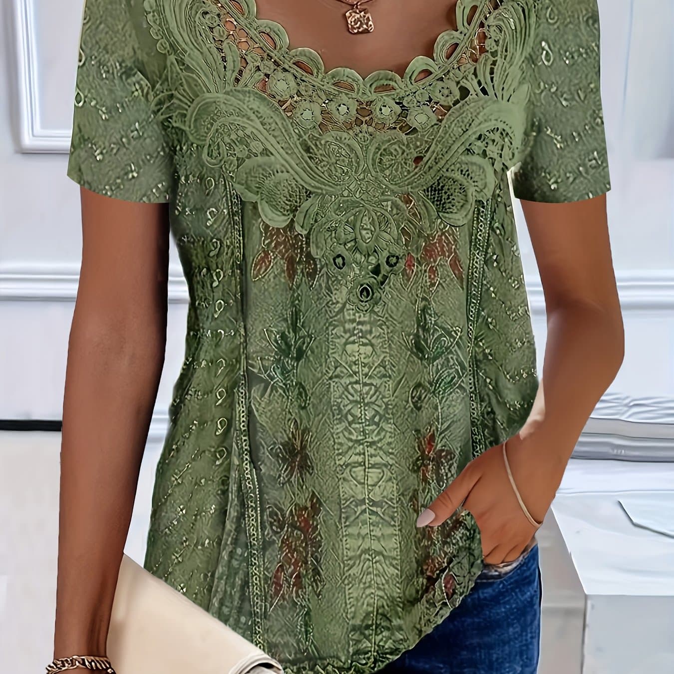 TEMU Spring Summer Fashion Lace Round Neck Printed Short Sleeve T-shirt Elegant Women's Top