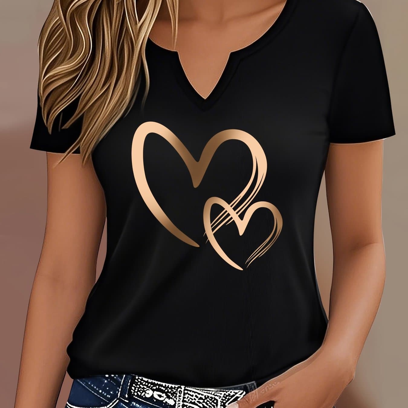 TEMU Letter Print T-shirt, Short Sleeve V Neck Casual Top For Summer And Spring, Women's Clothing thumbnail 2