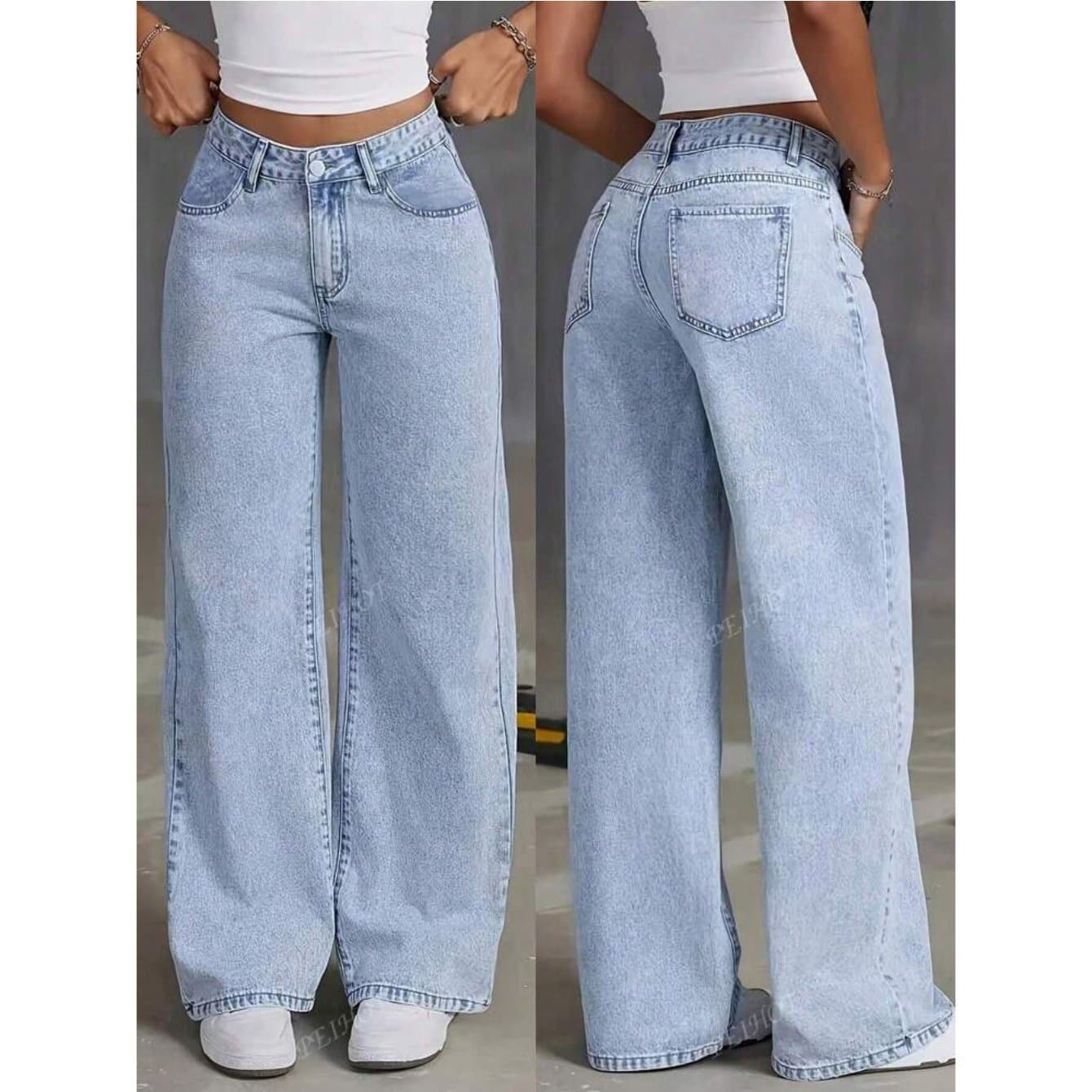 TEMU Women High Waisted Straight Leg Jeans, Wide Leg Loose Stretchy Hem Denim Pants With Pockets