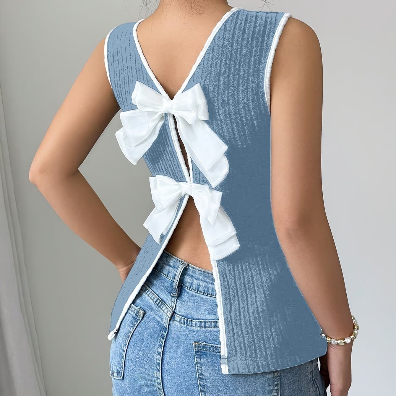 TEMU Elegant Ribbed Women's Vest With Bow Detail On The Back