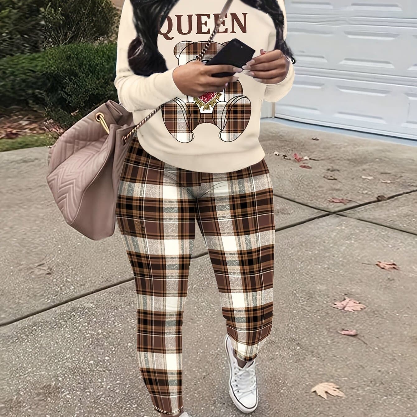 TEMU Women's Autumn/winter Casual Two-piece Set - Round Neck Long-sleeve Sweatshirt With Letter And Bear Print And Skinny Pants, Perfect For Office, Casual And Dates
