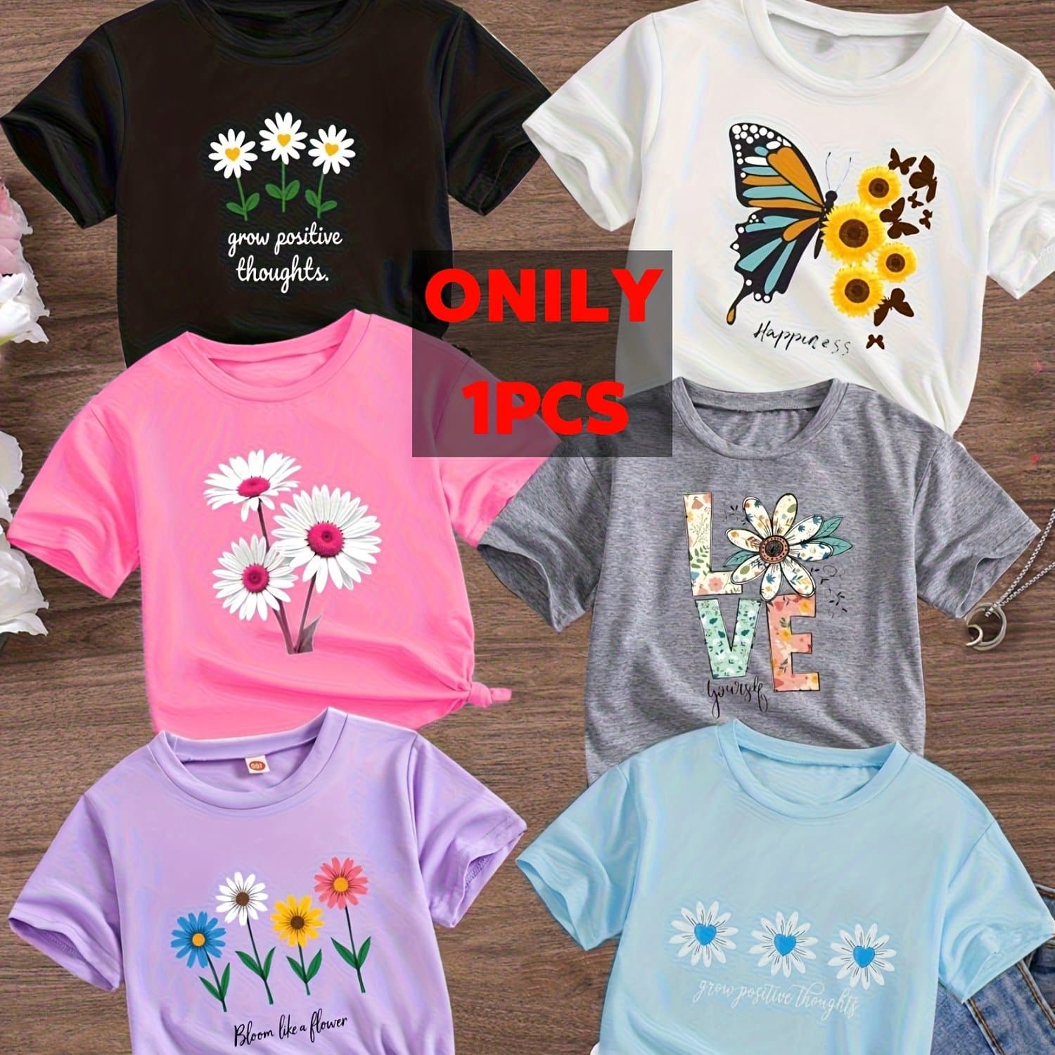 TEMU 6 Colors 1pc T-shirt New Cartoon Print Short Sleeved 100% Cotton 1pc T-shirt Comfy Casual Tees For Girls