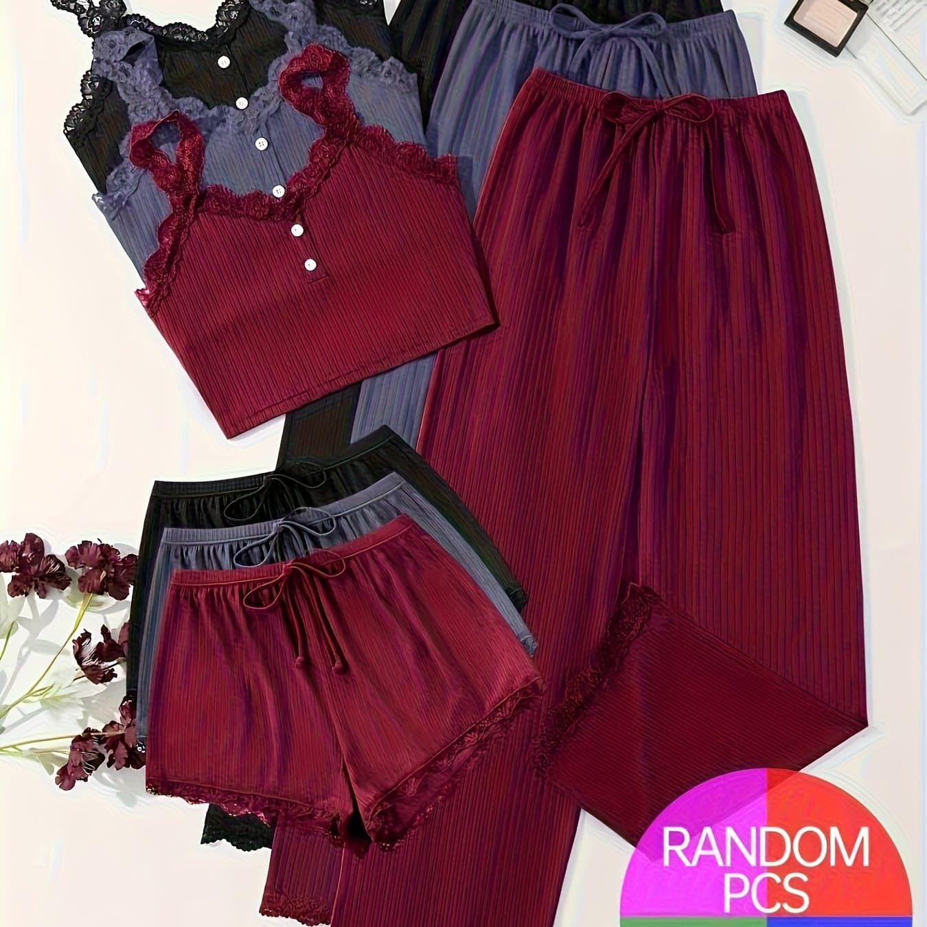TEMU Random Color Delivery, 3pcs Ladies Sexy Lace Suspender Suit (including Trousers, Shorts And Vest), Blue, Burgundy, Black, Random Delivery