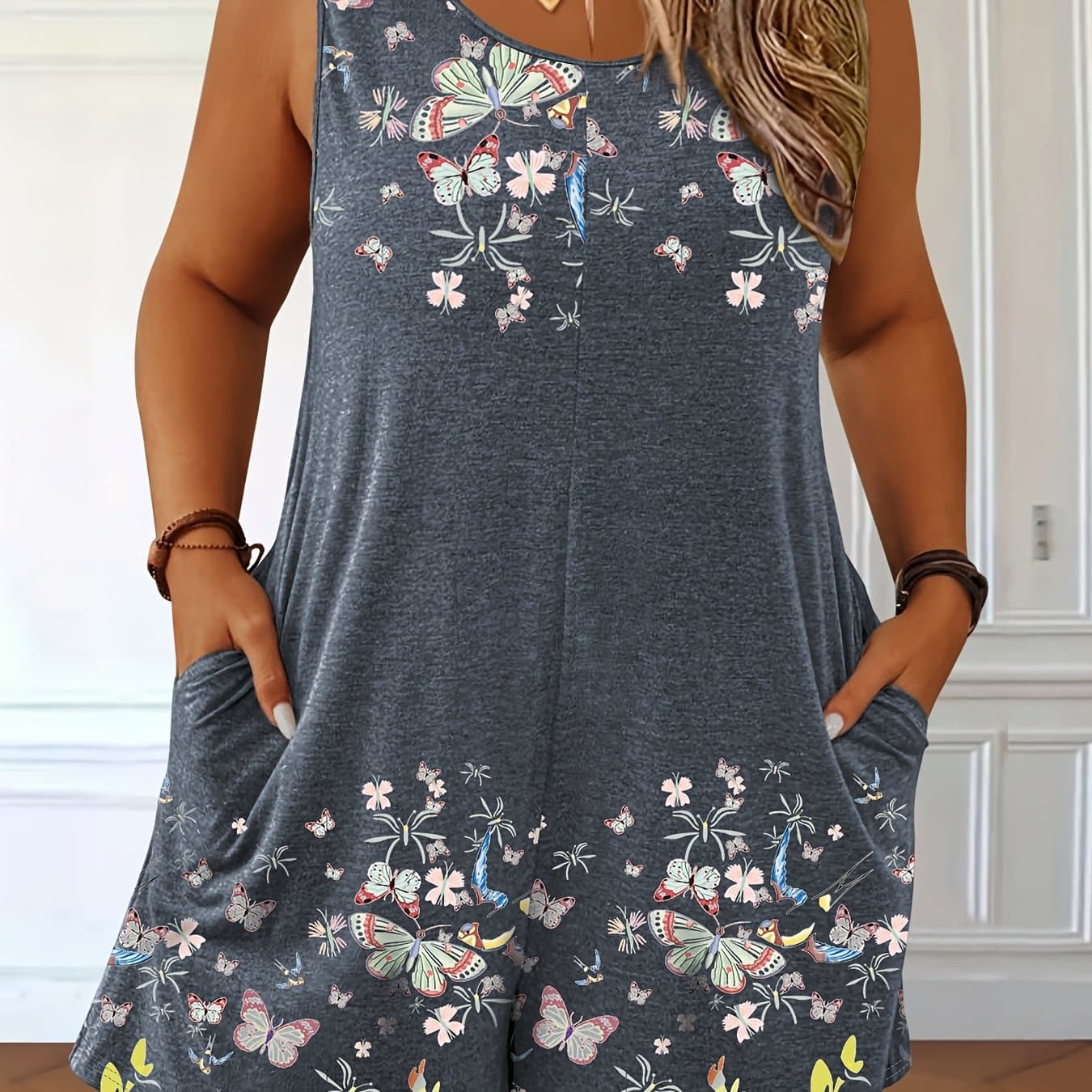 TEMU Plus Size, Women's Fashion Floral Print Jumpsuit With Round Neck, Pockets, Sleeveless Vest, Casual Shorts, Plus Size Jumpsuit For Women