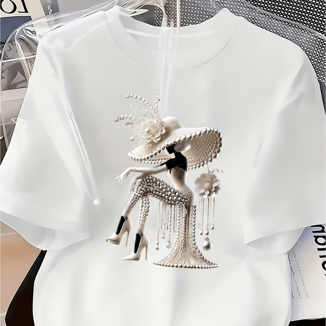 TEMU Wowomen' S Pearl Print T Shirt Short Sleeve Crew Neck Casual Top For Summer & Spring Wowomen' S Clothing 1 Suitable For Daily Casual And Weekend