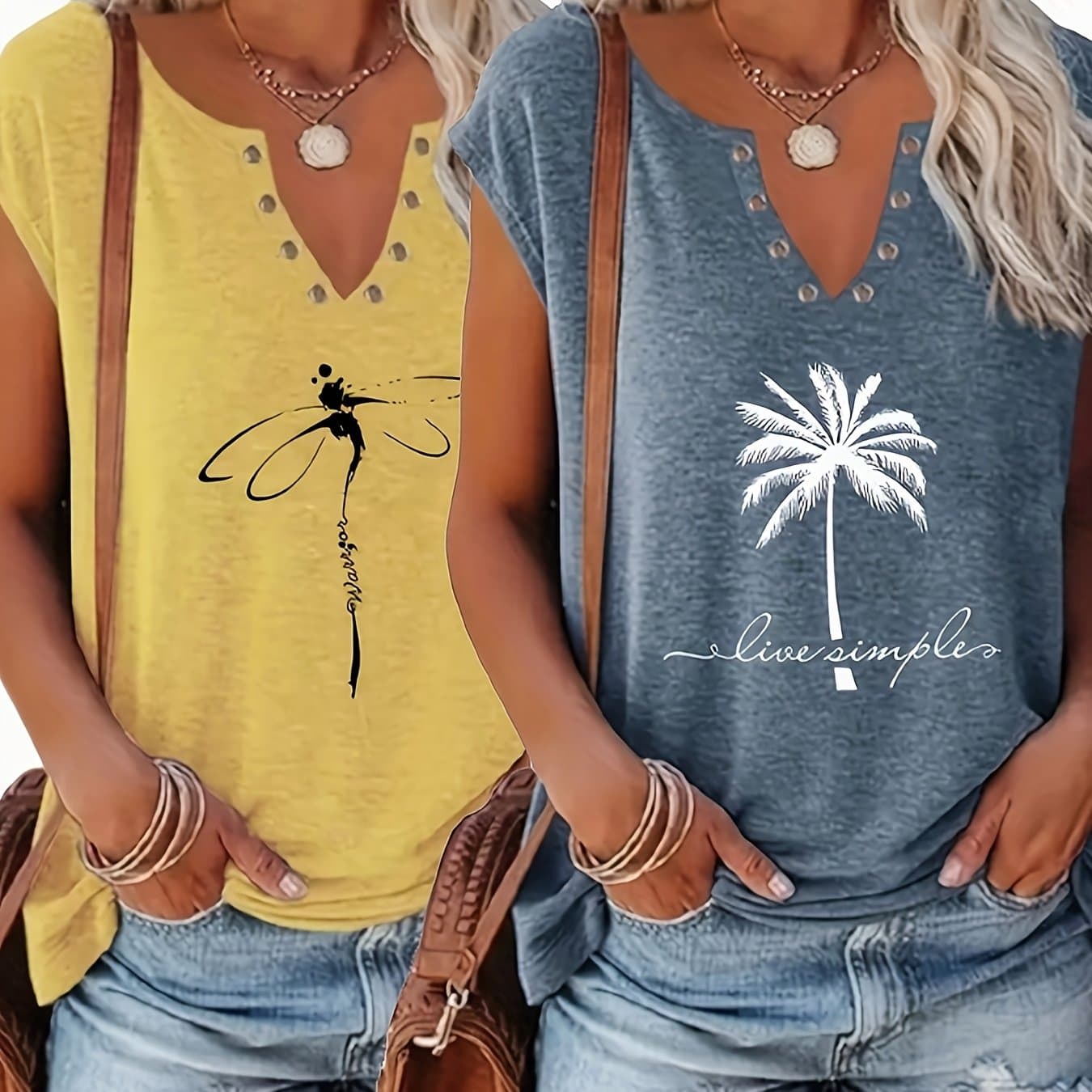 TEMU 2-pack Women's Summer New Style V-neck Tank Top, Loose And Casual Printed T-shirt