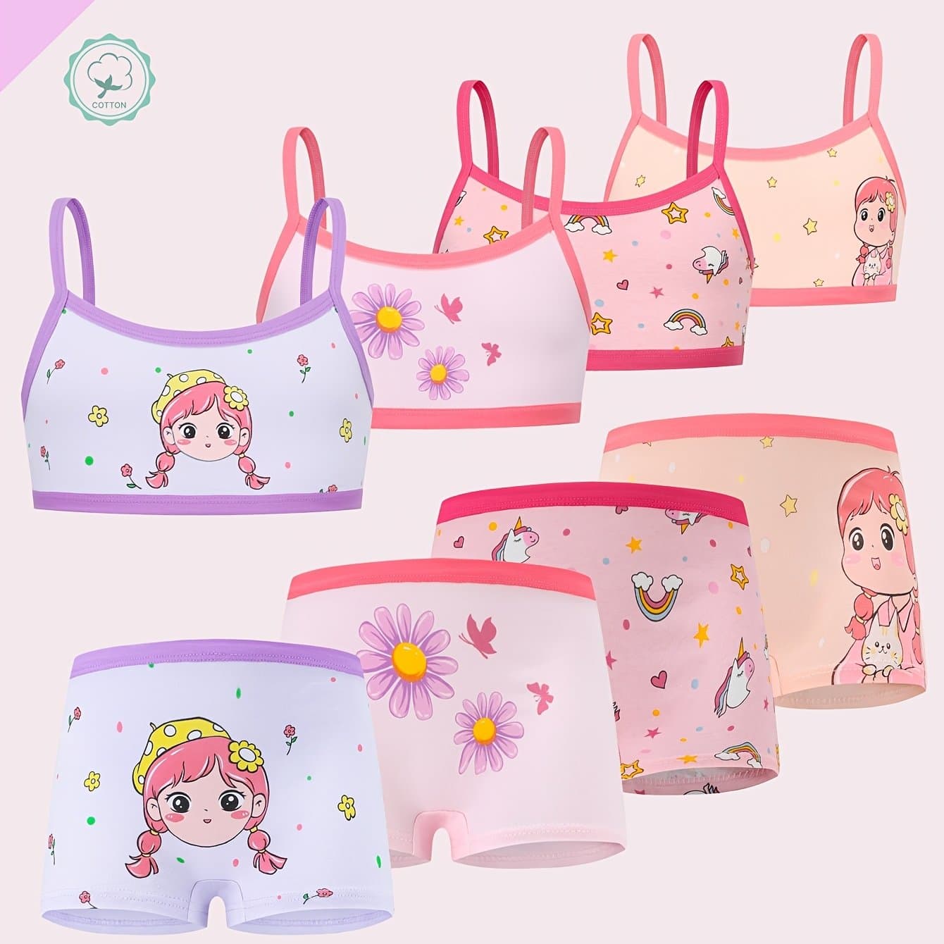 TEMU 4 Sets/8pcs Of Comfortable And Breathable Underwear For Teen Girls, Featuring Cute Patterns In Bra And Panty Sets
