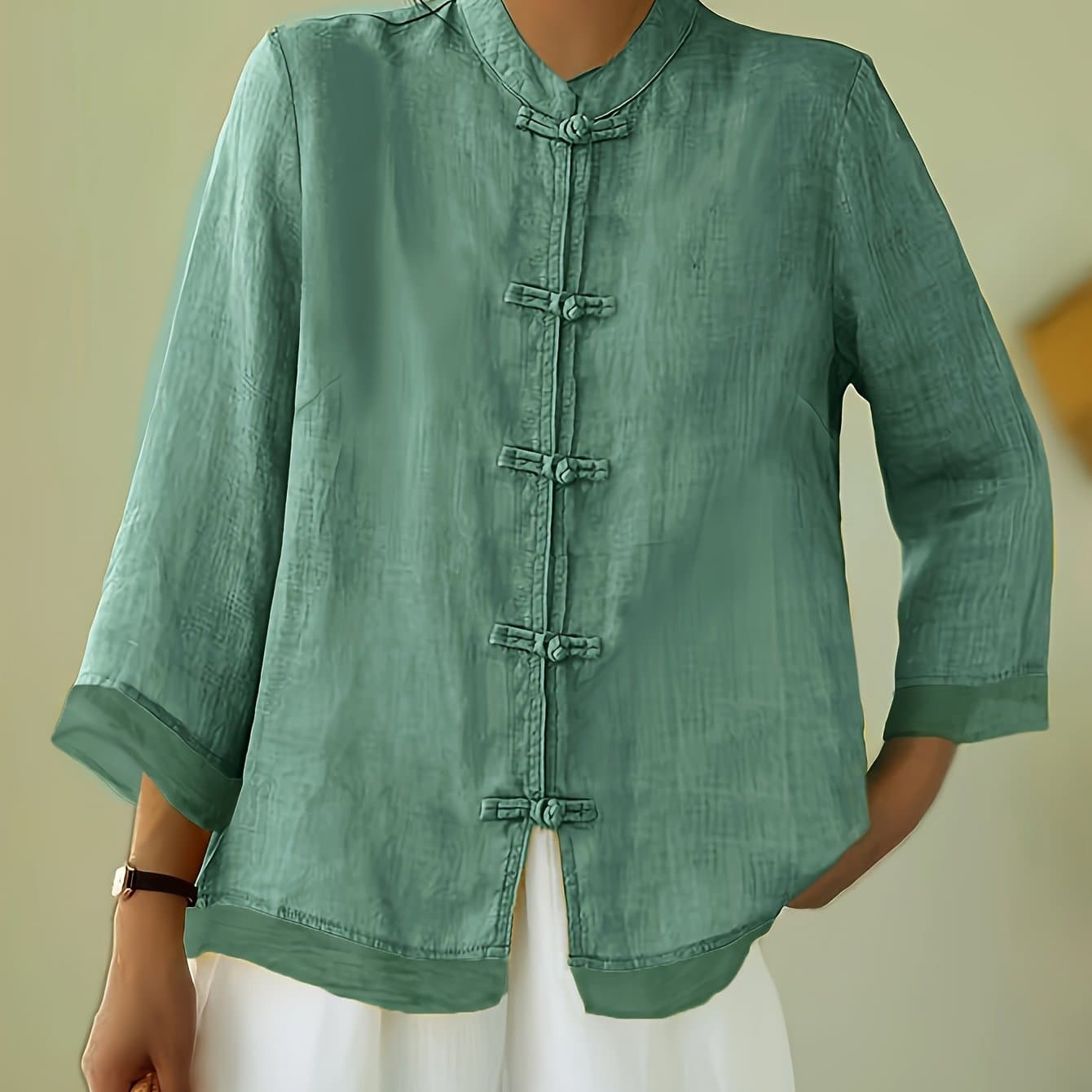 TEMU Plus Size - Loose-fitting Vintage Chinese Style Shirt With Three-quarter Sleeves And A Design.