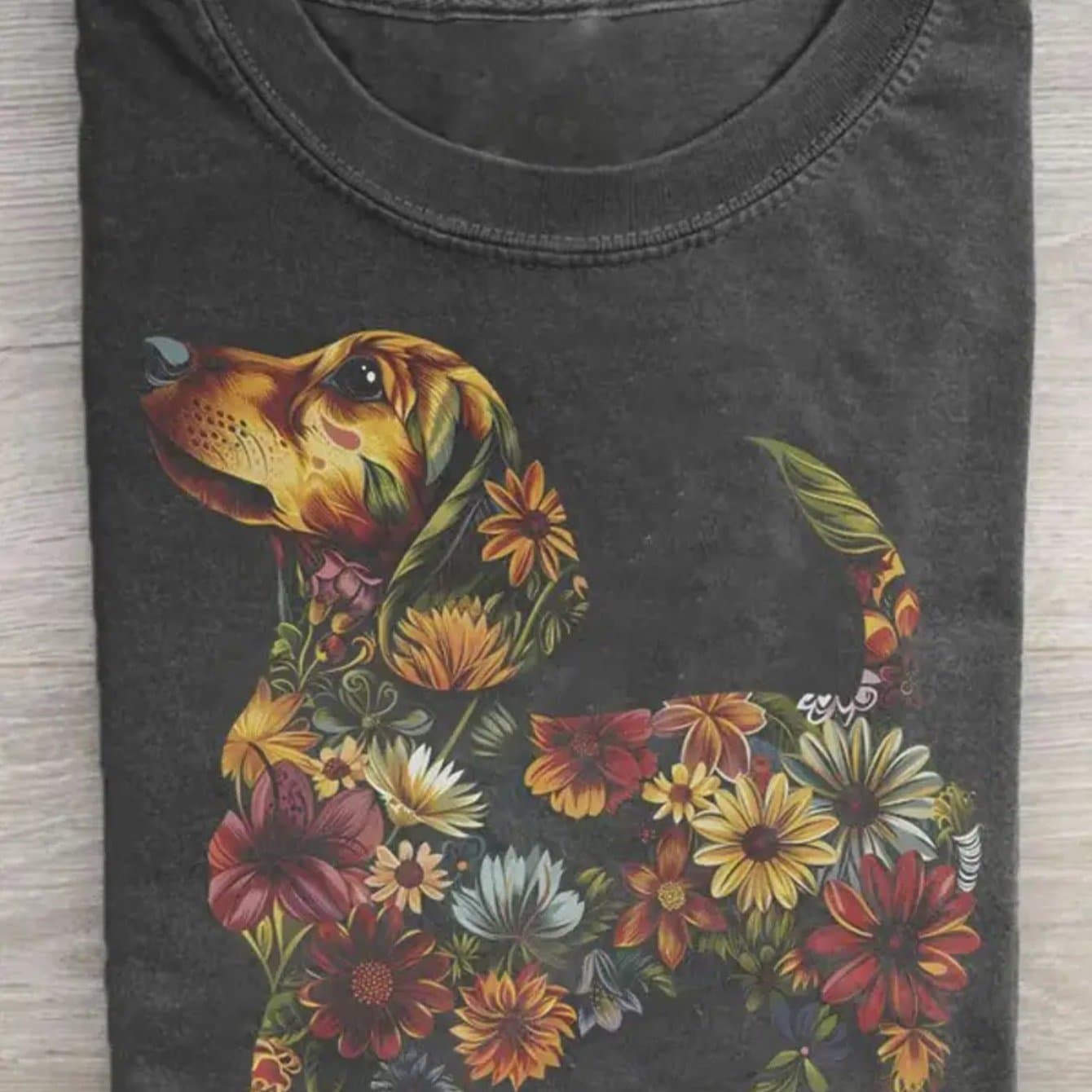 TEMU 1pc Vintage Cotton T-shirt With Vibrant Dachshund & Floral Print, Casual Loose Fit Round Neck Short Sleeve, Breathable For Summer & Gifts