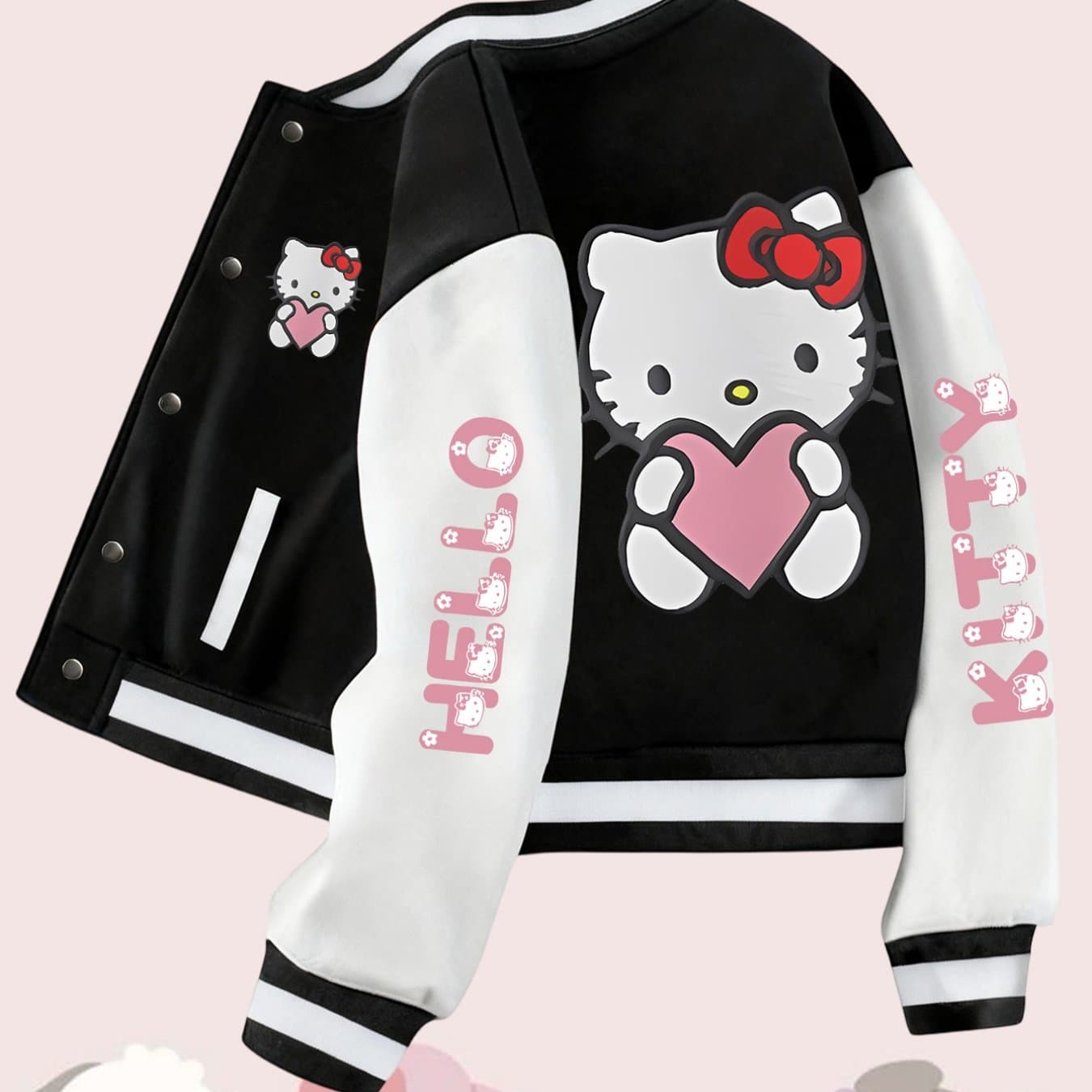 TEMU Hellokitty Cartoon Print Pink Baseball Jacket | Casual Warm Winter Coat, Unisex, Suitable For Couples And Parties, Crew Neck With Pockets