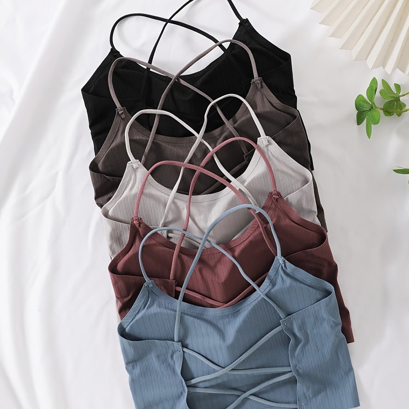 TEMU 5pcs Solid Color Fabric Crisscross Strap Breathable Padded Backless Bra For Women