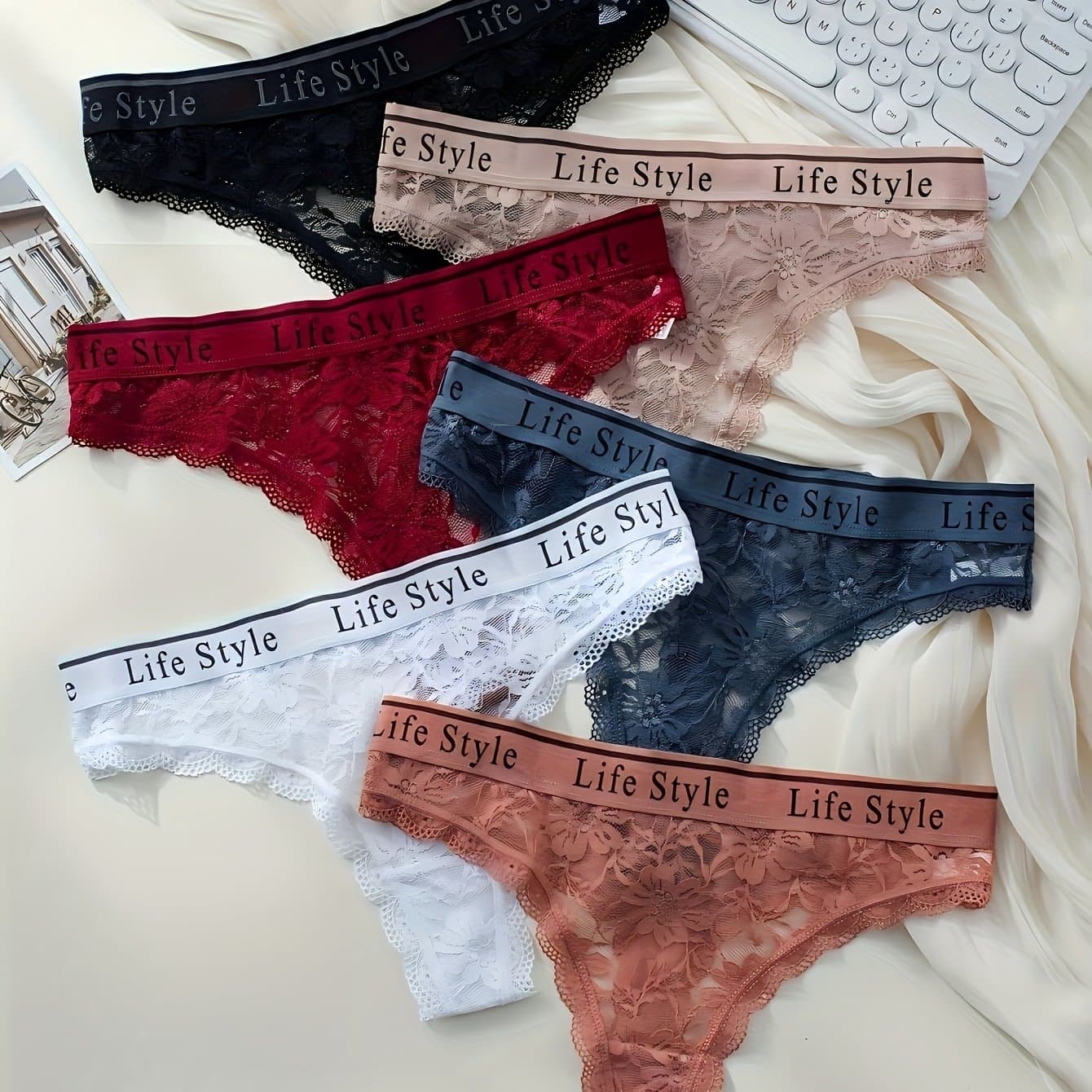 TEMU 6pcs Women's Sexy Lace Cheeky Underwear, Sports Tangas Pack, Comfortable No Show Everyday Briefs