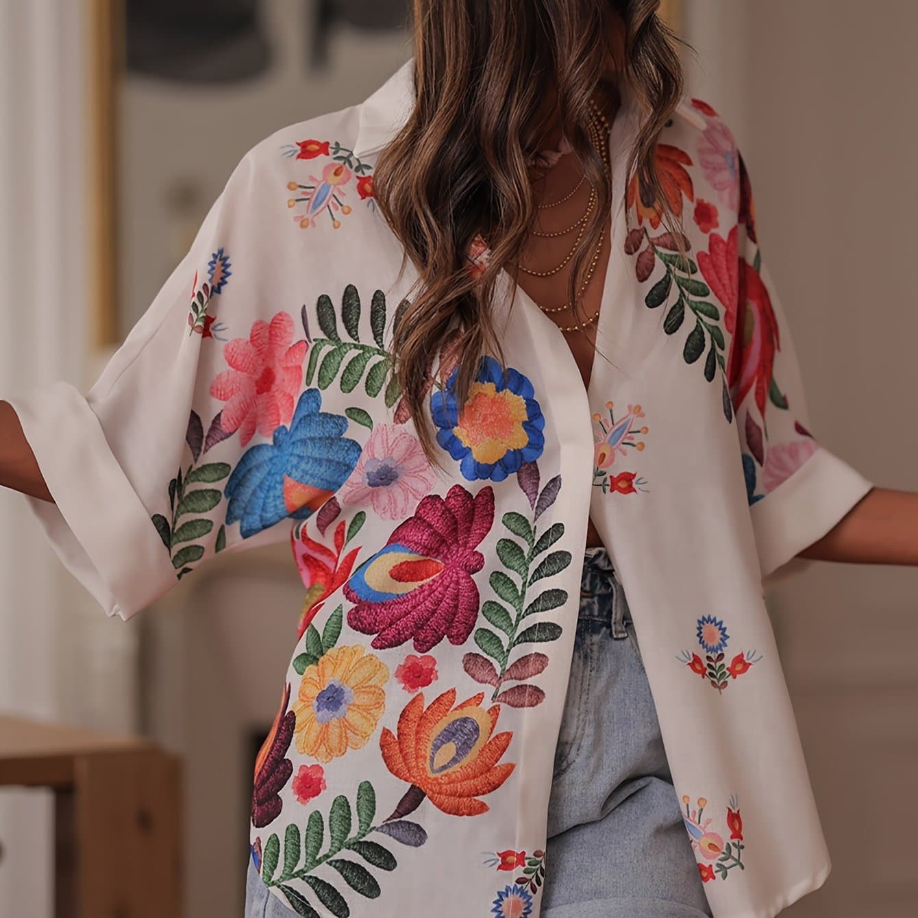 TEMU Women's Casual Elegant Floral Print Button-front Shirt, Women's Shirt/print