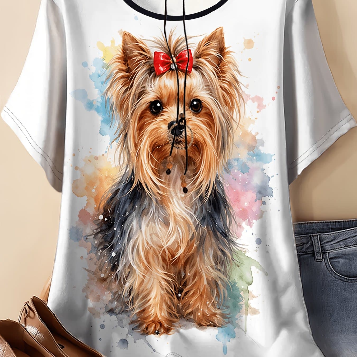 TEMU Cute Yorkshire Terrier Printed Short-sleeve T-shirt For Women, Casual Loose Top, Stylish Summer Shirt With
